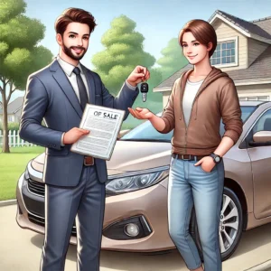 A realistic illustration of a private car sale, showing a man shaking hands with a potential buyer. The two individuals stand beside a clean, well-maintained car parked in a driveway. The seller is holding important vehicle documents, and the buyer appears to be inspecting the car. The background features a suburban neighborhood setting with greenery and houses.