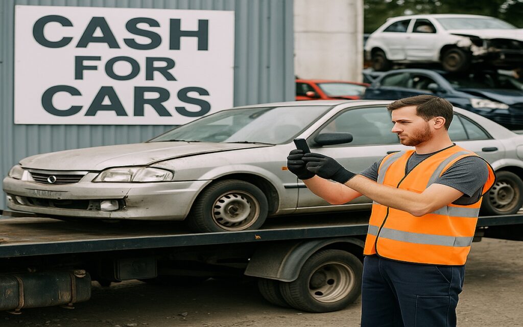 A tow truck driver is taking photos of damaged cars before selling damaged cars to wreckers