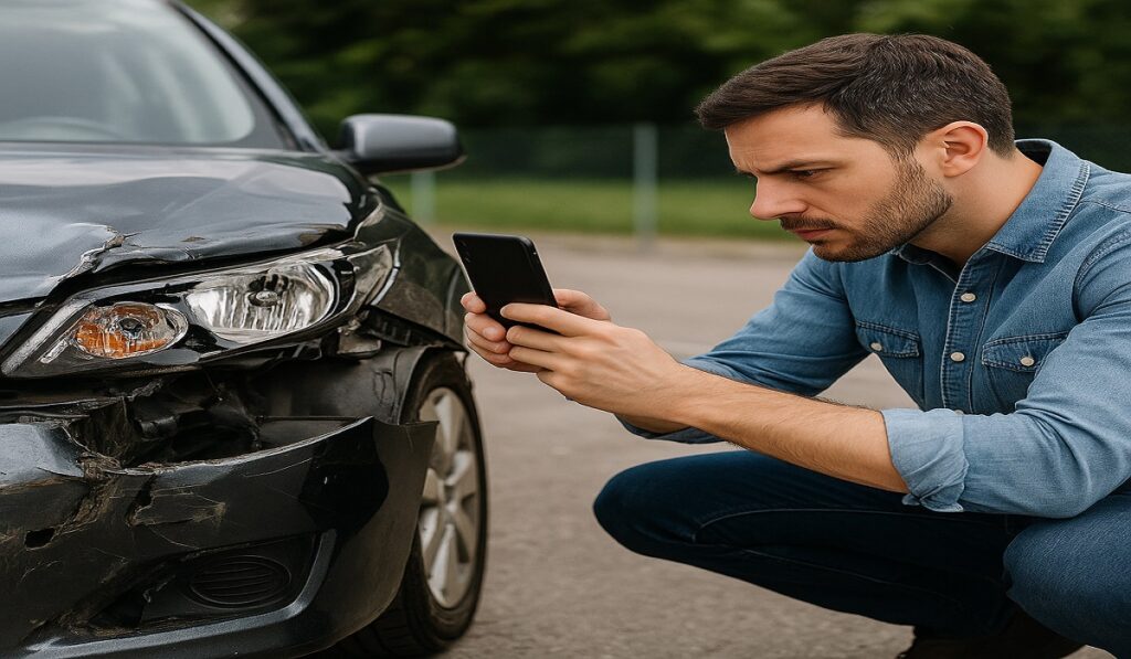 Aman taking photos of his damaged car before selling a damaged car