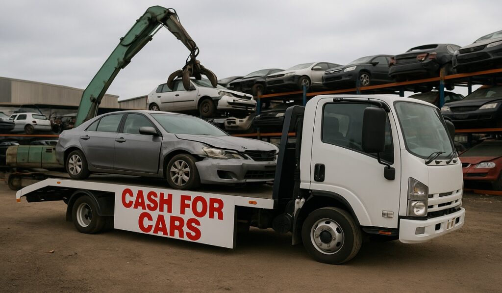 An image of a tow truck with a sign cash for cars carrying a car with expired rego for sale to wreckers in Sydney