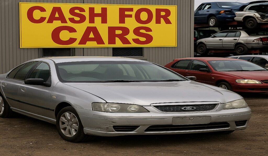 An Image of car wrecker with a sign of Cash for cars for article how to sell a car without a roadworthy certificate RWC