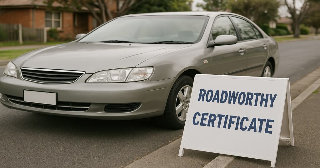 An image of parked car next to the sign Roadworthy Certificate RWC for the article how to sell a car without roadworthy certificate