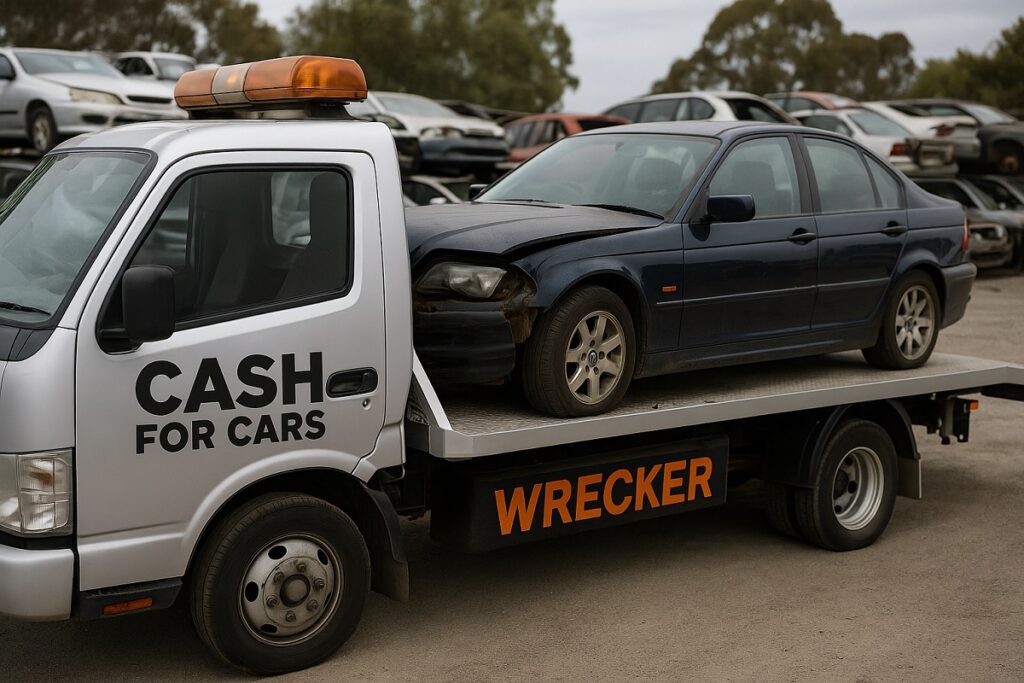 An Image tow truck carrying a damaged car for sale to wreckers yard for the section how to sell an unregistered car