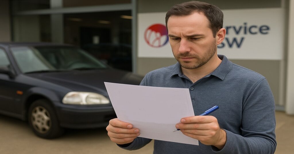 An man at service nsw preparing car documents for article How to Sell a Deceased Person’s Car in Australia in 2025.