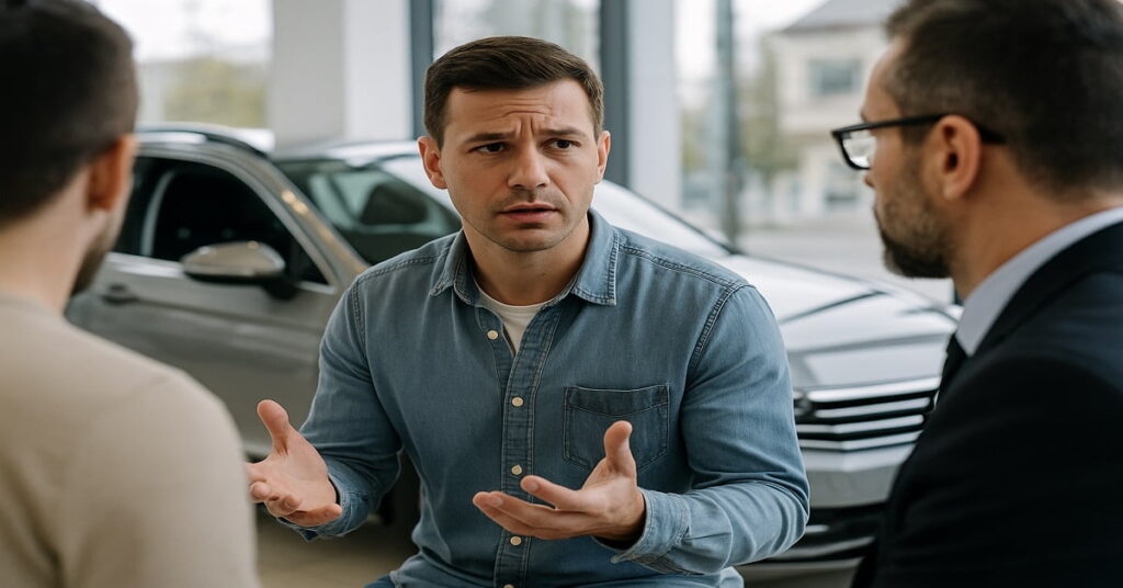 An Image of Car dealer and car buyers Negotiating for the article used car price negotiation tips.