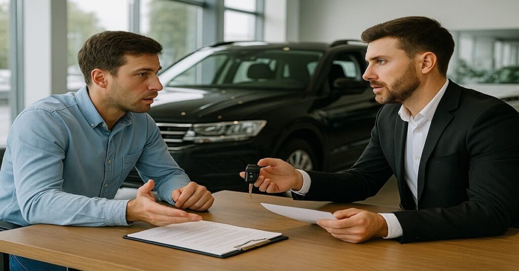 An image of two men negotiating car price for article Used Car Price Negotiation Tips